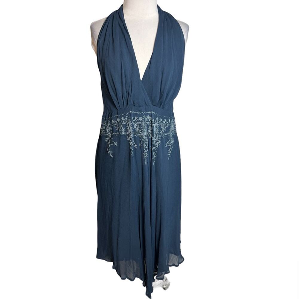 Papillon embroidered Y2K halter top dress blue‎ Sz M midi